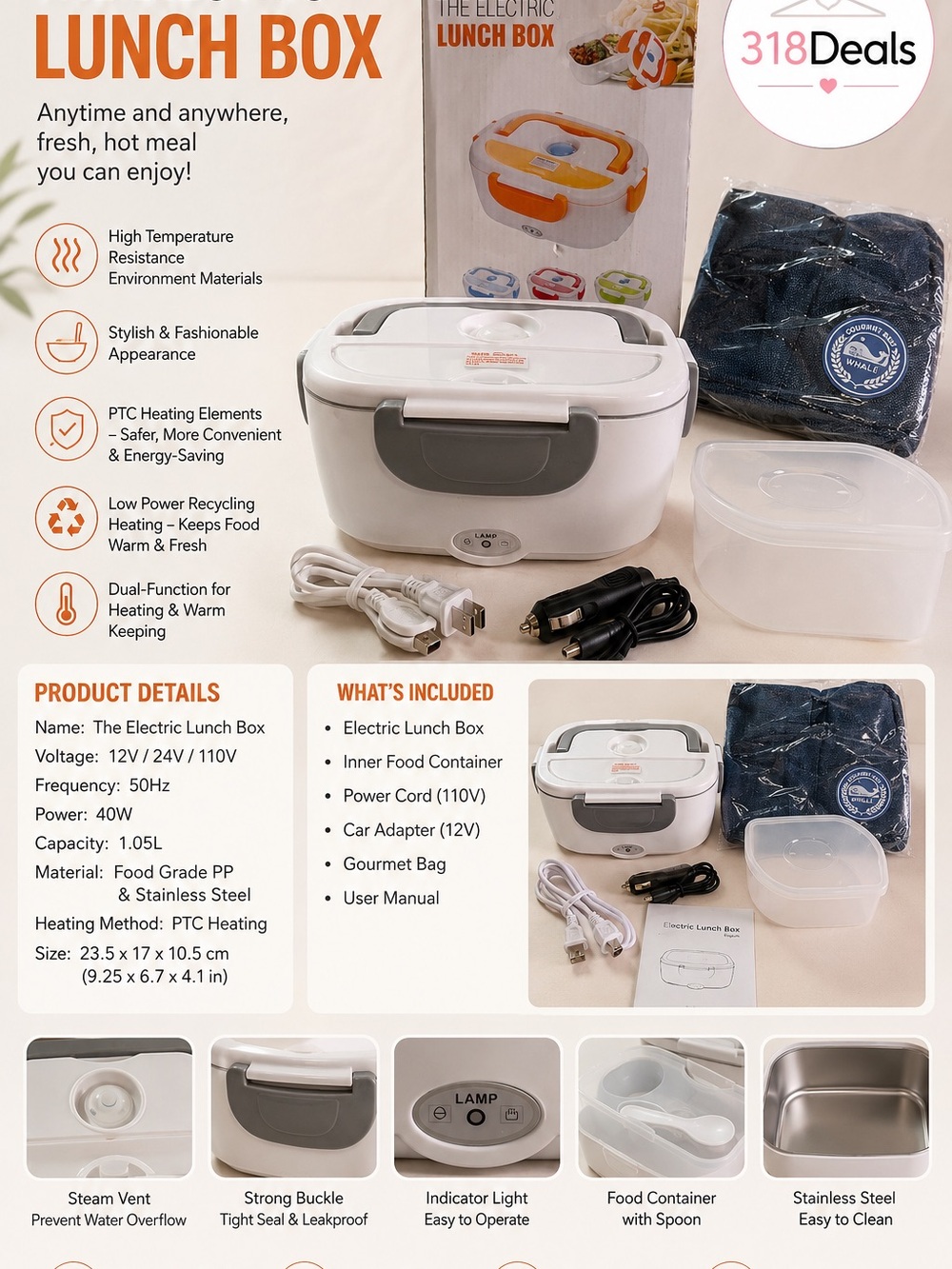 Electric Lunch Box – White with Gray Accents, Portable Heated Food Container